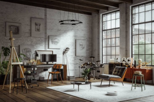 digitally generated image of an industrial style loft apartment - home decoration stock pictures, royalty-free photos & images