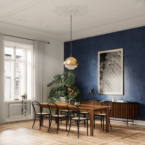 digitally generated image of dining area in a modern home - home decoration stock pictures, royalty-free photos & images