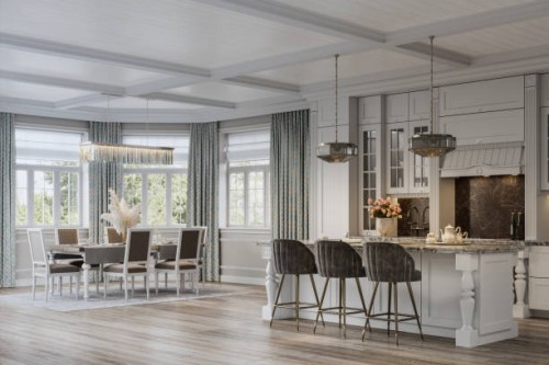 digitally generated kitchen and dining area in a large house - home decoration stock pictures, royalty-free photos & images