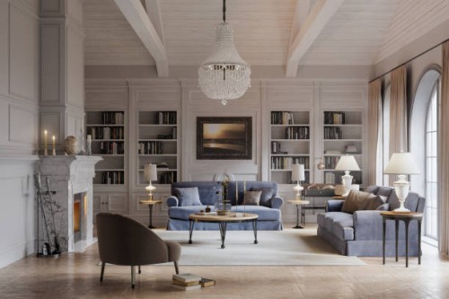 digitally rendered view of a beautiful living room - home decoration stock pictures, royalty-free photos & images