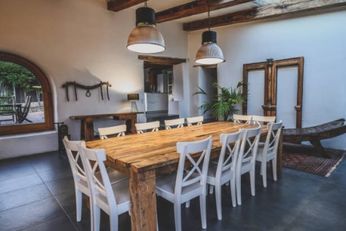 dining area in traditional spanish farmhouse - home decoration stock pictures, royalty-free photos & images