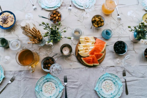 directly above shot of fresh fruits and drinks arranged on table - garden decoration stock pictures, royalty-free photos & images