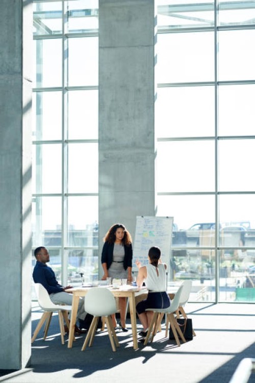 discussing business strategies with her team - home decoration stock pictures, royalty-free photos & images