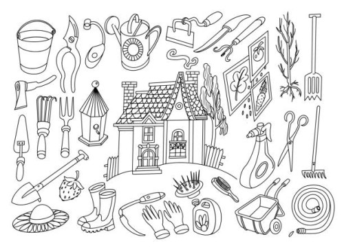 doodle of gardening tools and house - garden decoration stock illustrations