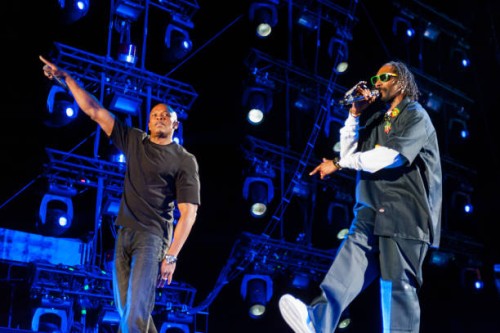 Dr. Dre and Snoop Dogg perform as part of Day 2 of the 2012 Coachella Valley Music & Arts Festival at the Empire Polo Fields on April 14, 2012 in...