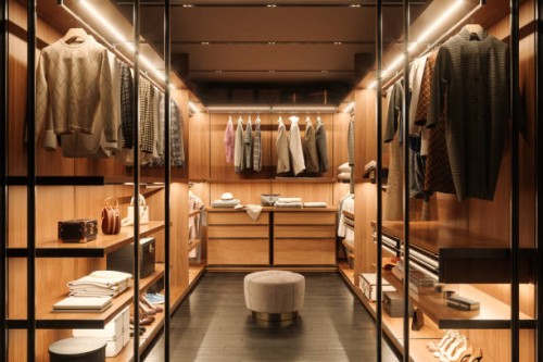 dressing room interior with shoes, bags and hanging clothes - home decoration stock pictures, royalty-free photos & images