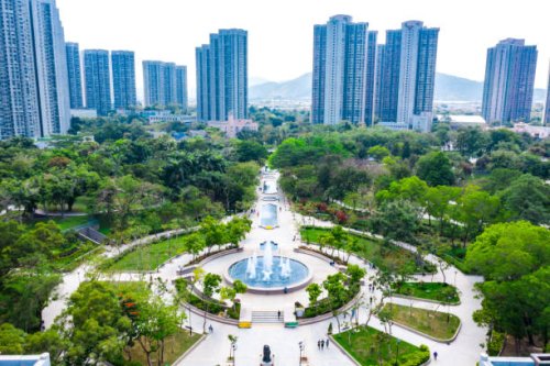 drone view of beautiful park in tin shui wai - garden decoration stock pictures, royalty-free photos & images