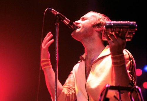 Drummer and singer Phil Collins performing with English progressive rock group Genesis, at the Broome County Veterans Memorial Arena, Binghamton, New...