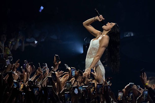 Dua Lipa performs on stage in Madrid, Spain during the opening 2 nights of her Radical Optimism Tour at Movistar Arena on May 12, 2025 in Madrid,...