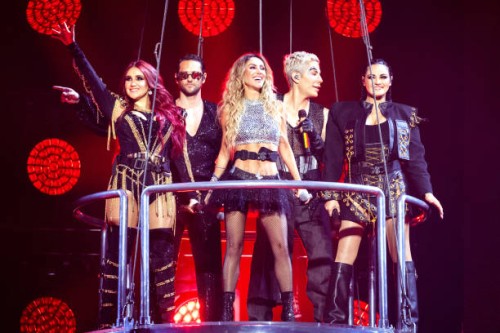 Dulce Maria, Christopher von Uckermann, Anahí, Christian Chávez, and Maite Perroni of RBD perform in concert during the "Soy Rebelde Tour" at Moody...