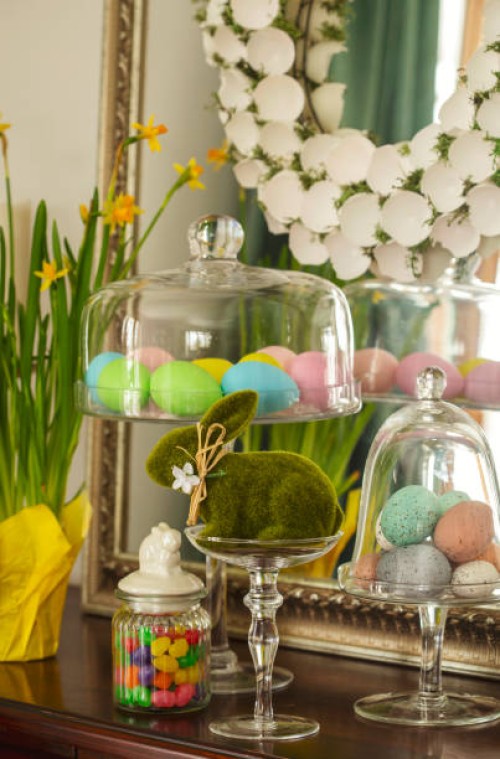 easter concept with springtime decoration on table. - garden decoration stock pictures, royalty-free photos & images