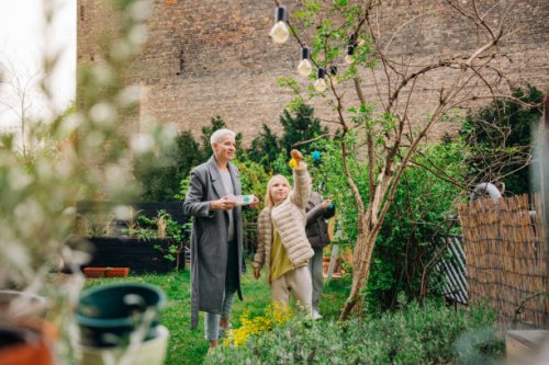 easter eggs in the garden - garden decoration stock pictures, royalty-free photos & images