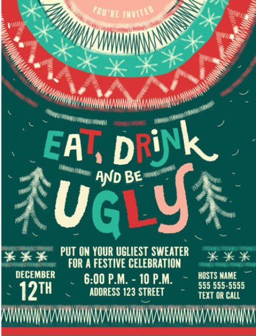 eat, drink and be ugly festive holiday ugly sweater party invitation design template - fashion stock illustrations