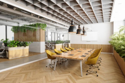 eco-friendly open plan modern office interior with meeting room. wooden meeting table, yellow chairs, plants and parquet floor - home decoration stock pictures, royalty-free photos & images