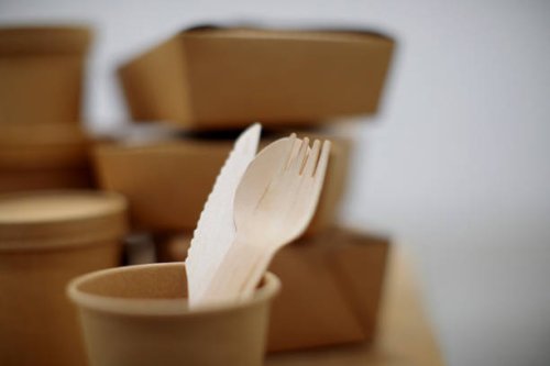 eco friendly paper packaging boxes on a table - junk food stock pictures, royalty-free photos & images