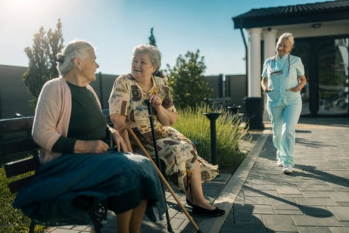 elderly senior woman on wheelchair with a nurse outdoor in nursing hospital garden - garden decoration photos et images de collection