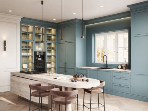 elegant kitchen interior with high chairs at the kitchen counter in 3d render - home decoration stock pictures, royalty-free photos & images