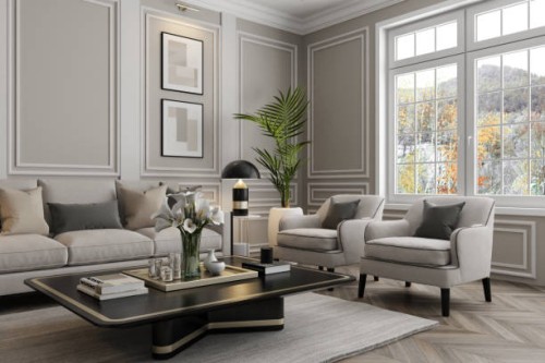 elegant neo-classical parisian luxury living room with modern touches - home decoration stock pictures, royalty-free photos & images