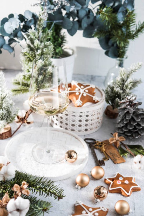 elegant wine glass in bright christmas winter scene - home decoration stock pictures, royalty-free photos & images