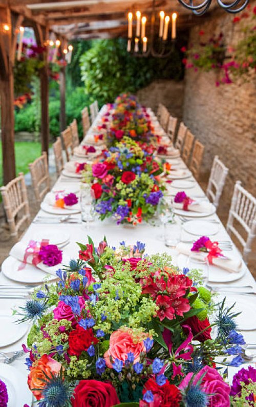 elevated view of long table at wedding reception - garden decoration stock pictures, royalty-free photos & images