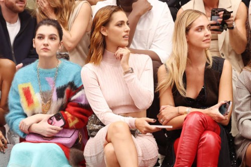Emily Carey, Miriam Leone and Chiara Ferragni are seen at the Fendi Spring Summer 2023 Show during Milan Fashion Week on September 21, 2022 in Milan,...