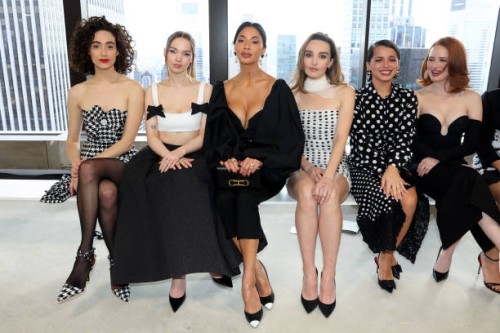 Emmy Rossum, Dove Cameron, Nicole Scherzinger, Chloe Fineman, guest and Madelaine Petsch attend the Carolina Herrera show during the February 2025...