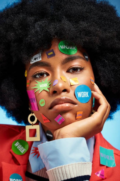 emoji portrait, fashion stickers and girl with thinking face expression with blue studio wall. frustrated, depressed and tired black woman with afro struggle with worker fatigue and burnout. - fashion stock pictures, royalty-