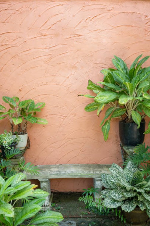 empty bench against art cement wall in garden - garden decoration stock pictures, royalty-free photos & images