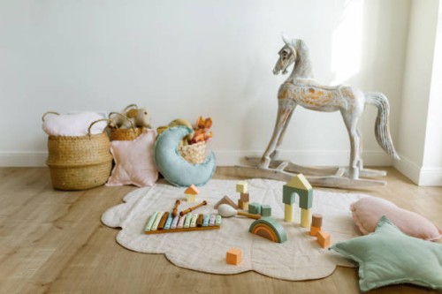 empty children's playroom full of natural wood toys. - home decoration stock pictures, royalty-free photos & images