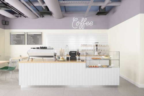 empty coffee shop interior with coffee maker, pastries, desserts and menu on the wall - junk food stock pictures, royalty-free photos & images