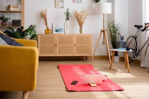 empty living room with a yoga mat on the floor. - home decoration stock pictures, royalty-free photos & images
