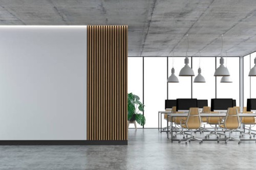 empty office interior with copy space and wordesks on concrete floor - home decoration stock pictures, royalty-free photos & images