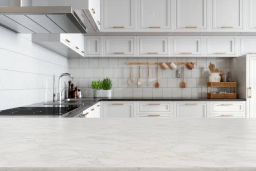 empty white marble countertop with blurred kitchen background - food stock pictures, royalty-free photos & images