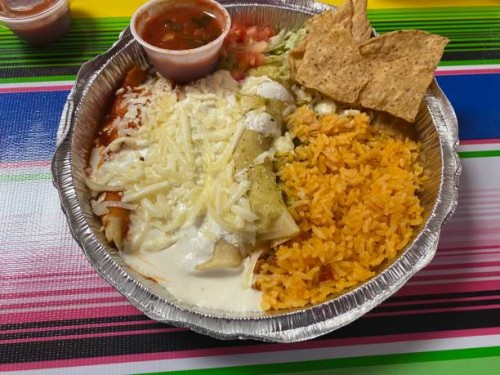 enchiladas with white sauce and rice and beans - junk food stock pictures, royalty-free photos & images