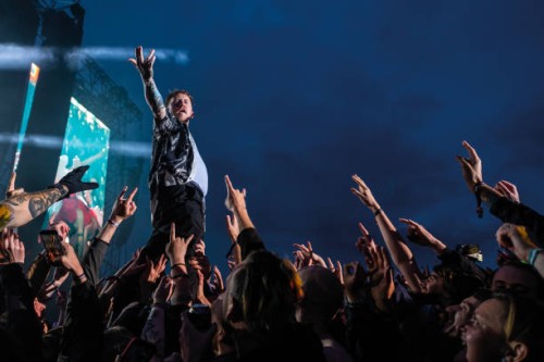 English punk rock musician Frank Carter performing live on stage during the Download Pilot festival at Donington Park in England, on June 18, 2021.