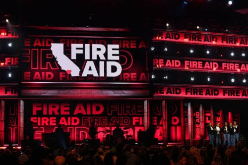 Eshele Williams and family speak onstage during the FIREAID Benefit Concert for California Fire Relief at The Kia Forum on January 30, 2025 in...