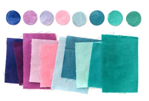 fabric textile color swatch palette guide. purple blue green on white background - fashion stock pictures, royalty-free photos & images