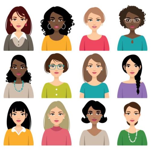 faces of different nation women - hairstyle stock illustrations