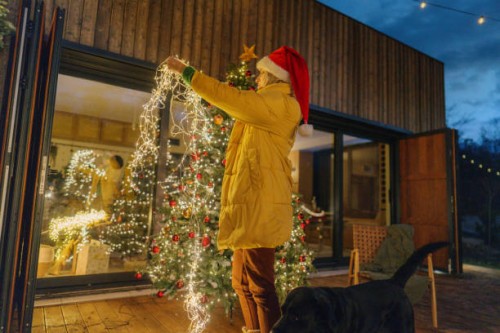 fairy lights on christmas nights - garden decoration stock pictures, royalty-free photos & images