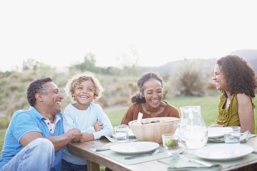 famille manger en plein air - garden decoration photos et images de collection