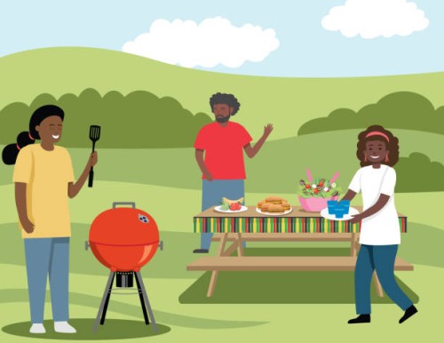 family celebrating juneteenth - garden decoration stock illustrations