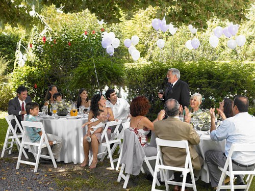 "family enjoying on garden party, senior man having speech" - garden decoration stock pictures, royalty-free photos & images