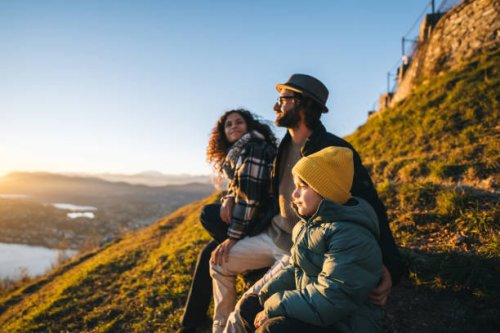 family enjoys time together on mountain top - travel stock pictures, royalty-free photos & images