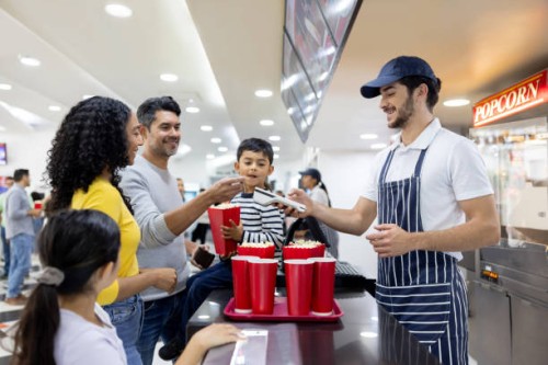 family making a contactless payment while buying snacks at the cinema - junk food stock pictures, royalty-free photos & images