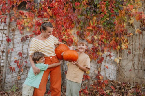 family portrait with pumpkins - garden decoration stock pictures, royalty-free photos & images