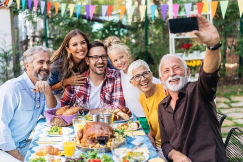 family selfie on thanksgiving day - garden decoration stock pictures, royalty-free photos & images