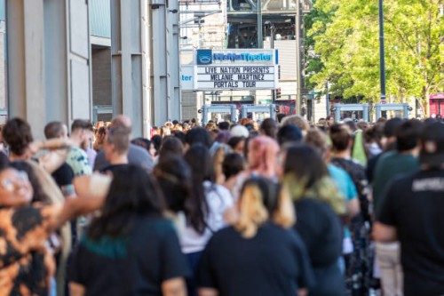 Fans line up outside for the Melanie Martinez concert during the "PORTALS" tour at WaMu Theater on June 03, 2023 in Seattle, Washington.