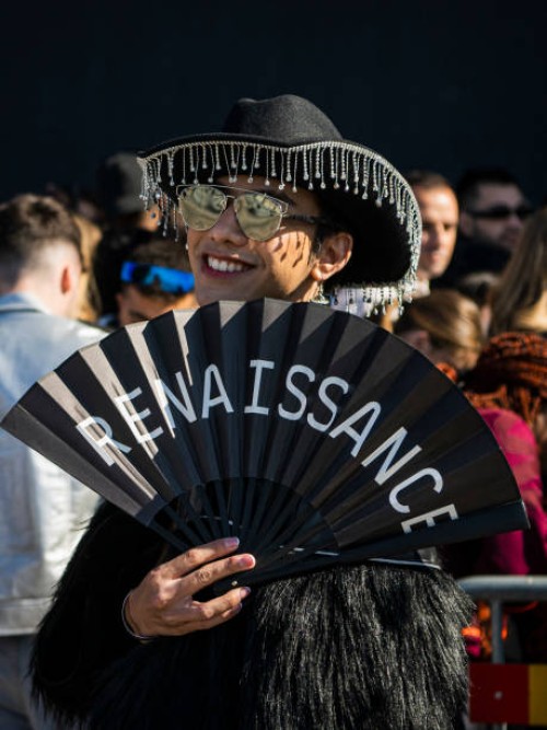 Fans of US musician Beyonce queue to enter to the Friends Arena to watch her first concert of the World Tour named "Renaissance", in Solna, north of...