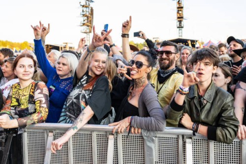 Fans of Volbeat react at the band's concert during day 2 of Tons of Rock 2023 on June 22, 2023 in Oslo, Norway.