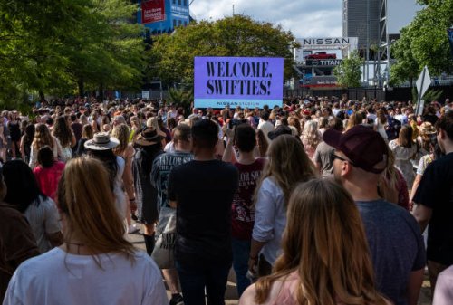 Fans wait in line outside of Nissan Stadium ahead of artist Taylor Swift's second night of performance on May 6, 2023 in Nashville, Tennessee....